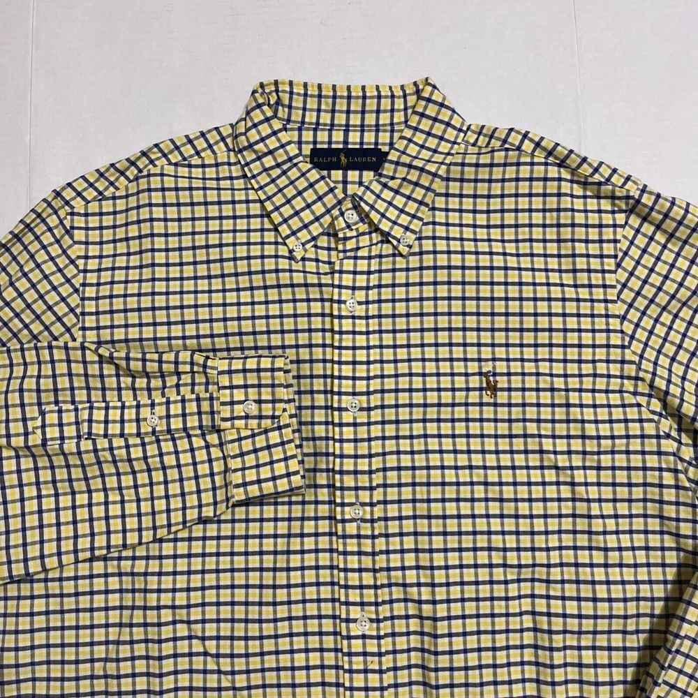 Polo Ralph Lauren Yellow Blue Plaid Oxford Button Down‎ Shirt Sz 2XL  Flesh Pony